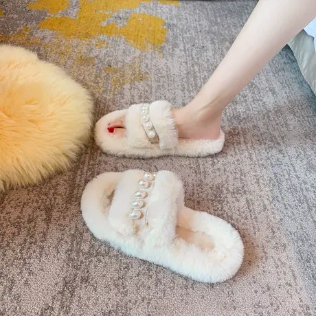 毛毛拖鞋女外穿春秋2024新款韩版居家室内软底舒适一字拖珍珠棉拖商品大图