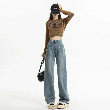 高腰加绒直筒牛仔裤女秋冬季2023年新款显瘦宽松窄版阔腿拖地裤子图片