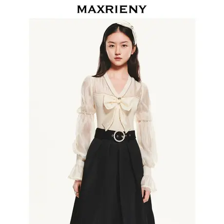 MAXRIENY修身v领蝴蝶结针织衫毛衫秋冬上衣女温柔甜美打底衫图片