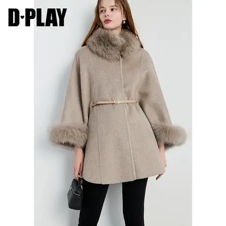 DPLAY冬季驼色可拆卸狐狸毛领双面羊毛呢斗篷大衣商品大图