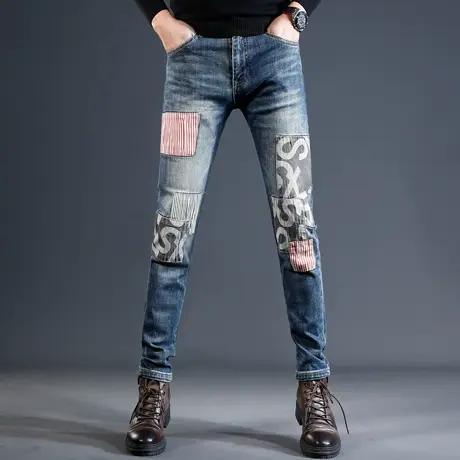 香港高端复古补丁牛仔裤男秋冬款修身小脚潮流潮牌痞帅拼接男裤子商品大图