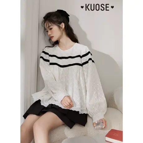 阔色刺绣镂空纯棉衬衫女2023春秋新款白色灯笼袖长袖圆领上衣图片