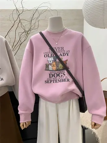 加绒加厚圆领长袖卫衣女韩国减龄趣味卡通小狗图案宽松多巴胺上衣商品大图