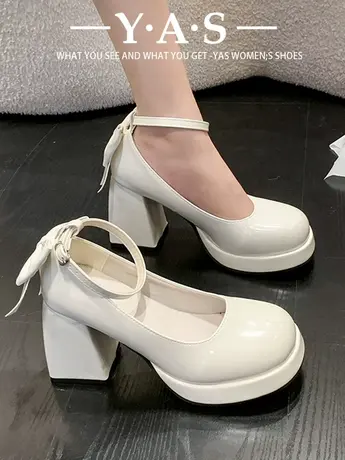 法式粗跟玛丽珍小皮鞋女白色高跟复古仙女风鞋单鞋配裙子白色女鞋图片