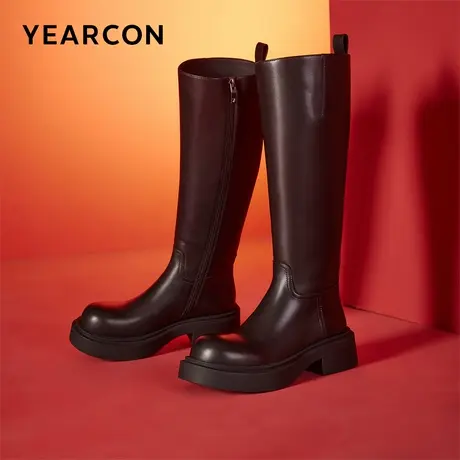 意尔康圆头长靴女2023秋冬款厚底骑士靴哑光直筒显瘦高筒靴长筒靴商品大图