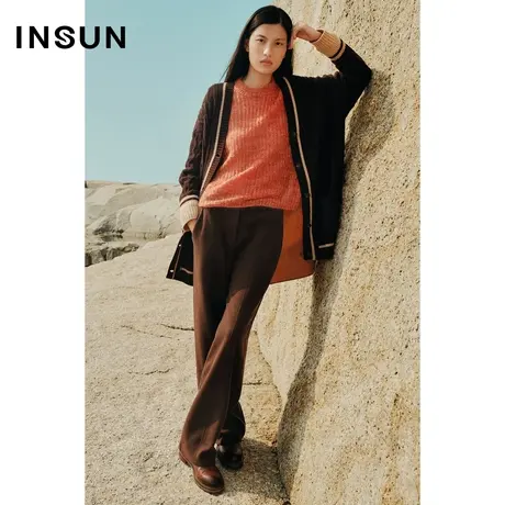 INSUN恩裳冬季羊毛混纺休闲咖啡色直筒裤图片