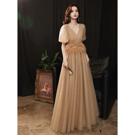 宴会晚礼服女2023新款长款高级名媛主持人年会高端v领蓬蓬裙高档图片