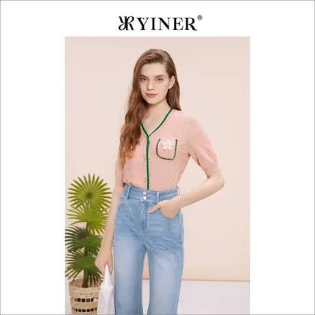 品质-YINER音儿奥莱女装2023夏季时尚珠扣短袖V领针织开衫商品大图