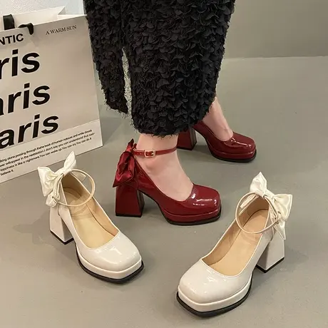 小个子玛丽珍高跟鞋2024新款礼服婚宴鞋粗跟不累脚单鞋子蝴蝶婚鞋图片