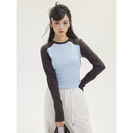 尔给春秋短款上衣女新款设计感小众修身插肩袖内搭打底衫女小个子图片