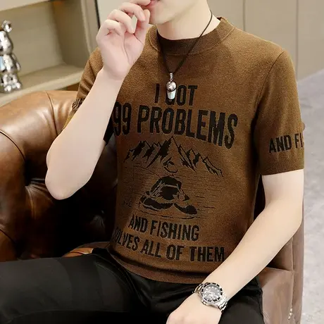 半袖毛衣男士春秋季圆领套头针织衫潮流个性青年内搭短袖打底t恤图片