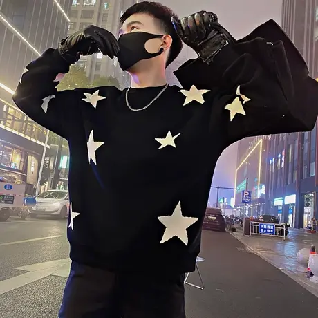 卫衣男春季新款ins小众设计感潮牌五角星印花T恤长袖休闲男装上衣图片