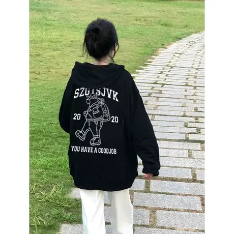 美式复古小熊卫衣女ins潮牌秋冬加绒加厚设计感宽松大码连帽外套图片