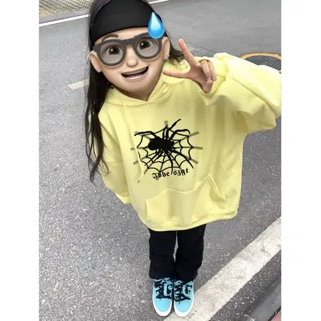 蜘蛛印花美式连帽卫衣女春秋薄款2024新款宽松慵懒风上衣加绒外套图片