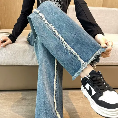 复古蓝毛边阔腿牛仔裤女春秋季2024新款高腰显瘦宽松直筒拖地裤子图片