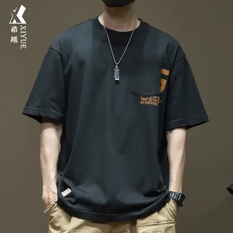 希越美式短袖T恤男春夏新款宽松大码男士纯棉打底衫休闲口袋上衣商品大图