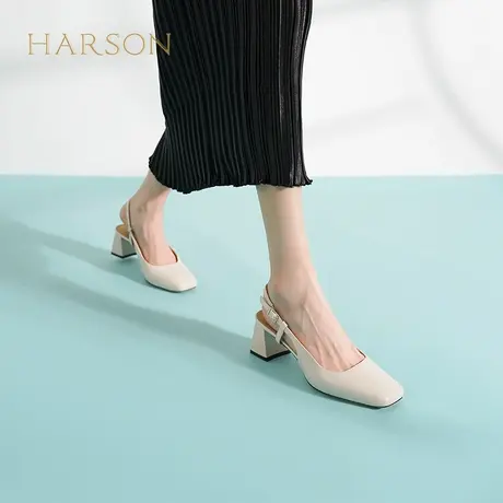 哈森夏季新款粗跟后空单鞋女法式纯色软皮外穿包头凉鞋HWM230107图片