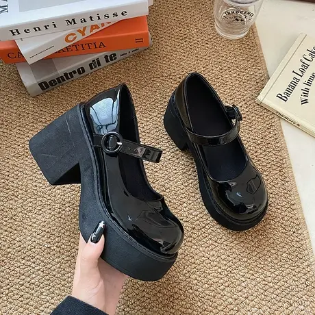 高跟鞋女2024新款女鞋春季黑色浅口粗跟单鞋一字带玛丽珍鞋小皮鞋商品大图