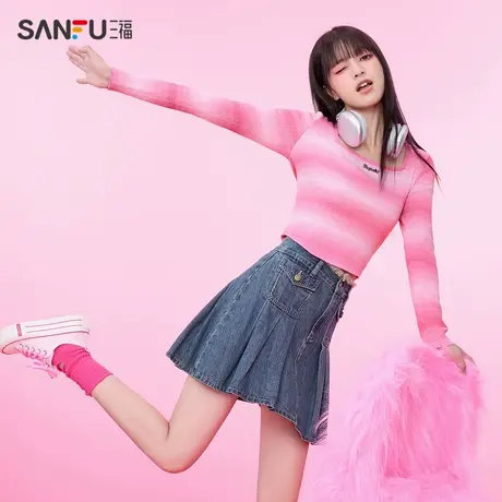 直播秒杀三福毛衣秋冬季女装新款2024条纹晕染渐变时尚方领修身针商品大图