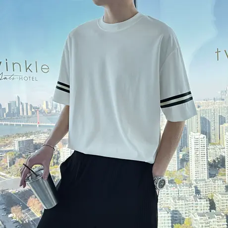 夏季潮牌T恤男纯色简约高级感短袖T恤男装ins韩版宽松休闲半截袖商品大图