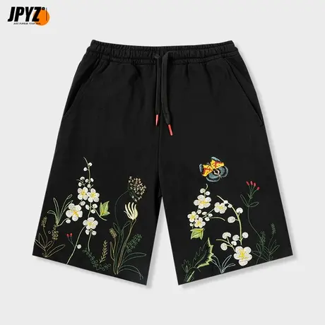 五分裤男夏季花卉刺绣运动男裤薄款直筒短裤夏天宽松大码休闲裤子商品大图