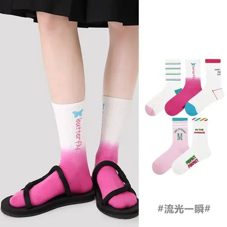 袜子女春季字母百搭中筒袜ins少女精梳棉扎染原宿风时尚无骨袜子商品大图