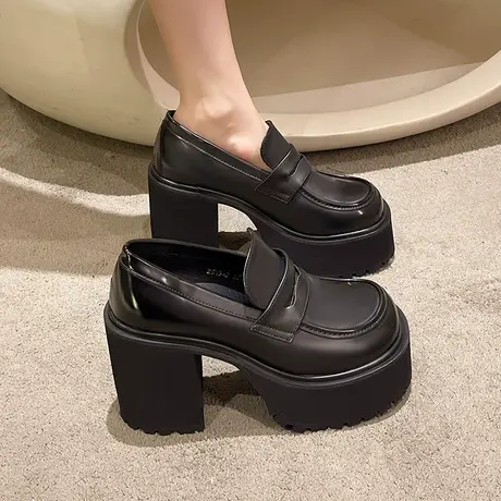 超高跟鞋女2024新款女鞋子春秋季小皮鞋防水台粗跟单鞋黑色乐福鞋商品大图