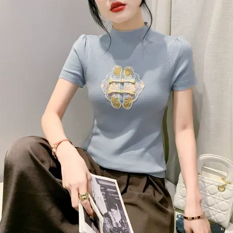 设计感立领盘扣T恤女短袖复古国风刺绣气质上衣时尚修身百塔小衫商品大图