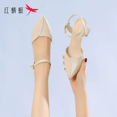 红蜻蜓包头凉鞋女2023年新款夏季气质尖头一字式扣带粗跟高跟鞋潮图片