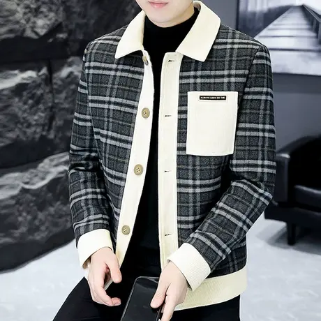 痞帅拼接格子休闲毛呢子夹克青年男士秋冬季潮流加厚短款大衣外套商品大图
