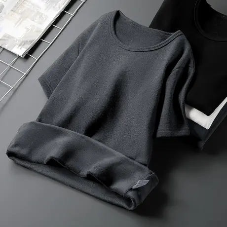 圆领短袖t恤男纯色灰色秋冬季潮流修身保暖加绒加厚半袖打底衫男商品大图
