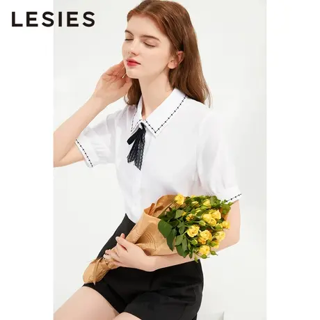 蓝色倾情春秋季新款女装时尚绣花领结百搭短袖衬衫设计感上衣商品大图