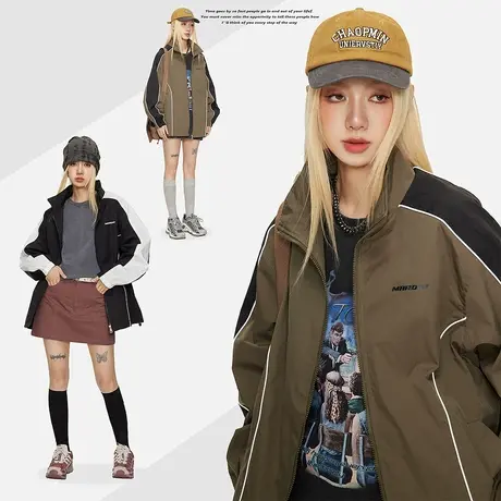 拼接立领运动外套女春秋2023年新款复古宽松oversize教练夹克上衣商品大图