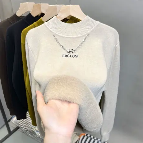 加绒半高领毛衣一体绒加厚打底衫2023秋冬新款套头针织衫内搭上衣商品大图