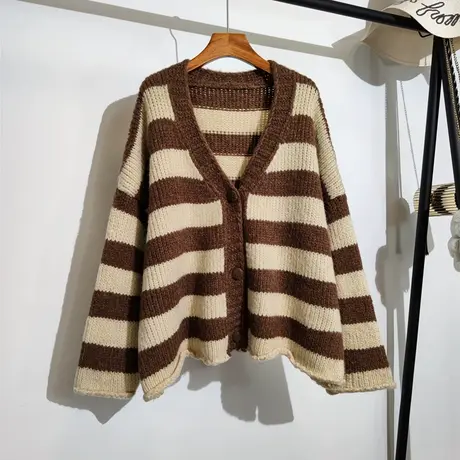 大码胖mm针织开衫女秋冬新款v领宽松慵懒风休闲百搭条纹毛衣外套商品大图