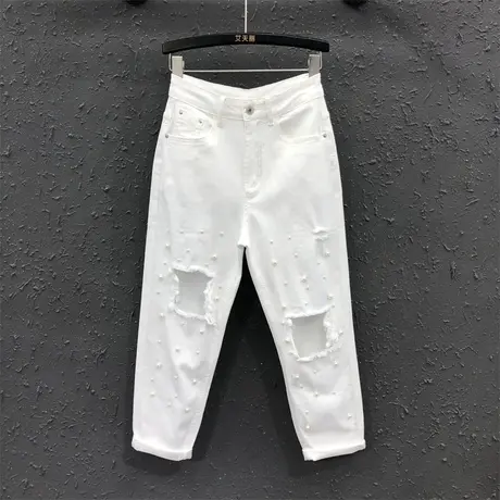 2023夏季新款时尚钉珠九分裤宽松显瘦牛仔哈伦裤女洋气白色牛仔裤商品大图