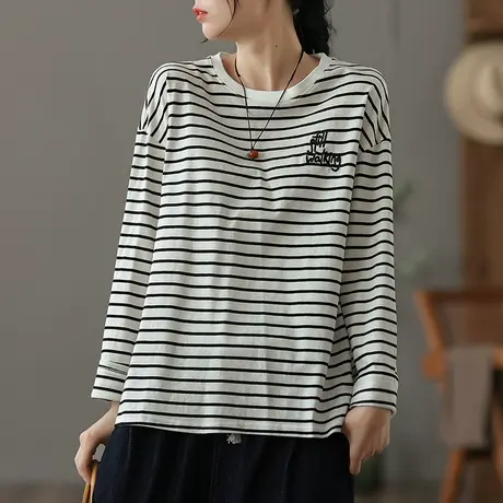 dza休闲圆领纯棉长袖t恤女士秋季新款内搭打底衫宽松条纹上衣体恤图片