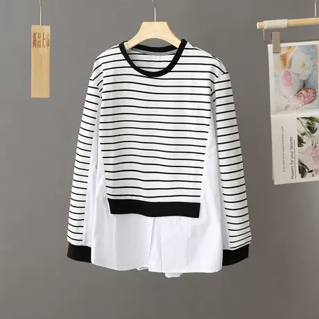 设计感小众圆领条纹拼接T恤衬衫女假两件中长款春秋季宽松上衣女图片