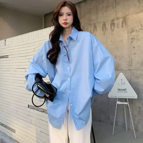 蓝色衬衫女秋冬宽松韩版设计感小众上衣法式别致长袖衬衣开衫外套图片