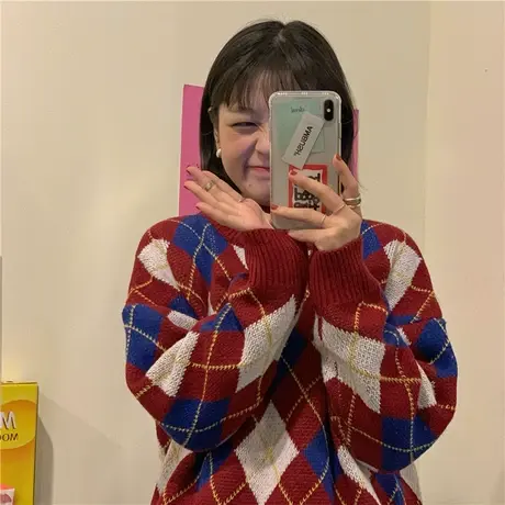 冬季新款盐系圣诞节新年红色半高领毛衣外穿宽松慵懒风针织衫上衣图片