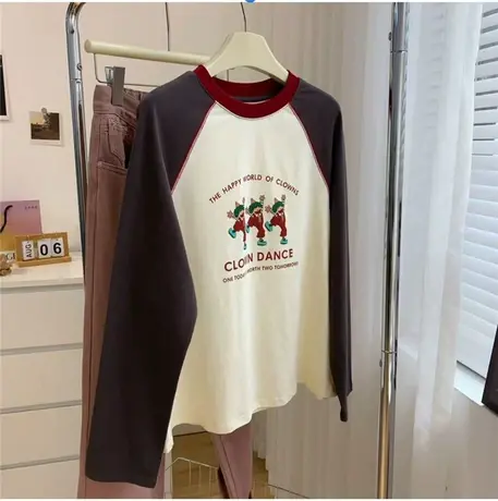 美式复古风插肩袖T恤女早春新款宽松减龄百搭撞色圆领长袖上衣潮商品大图