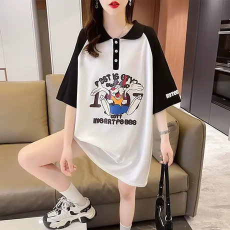 小众设计感短袖t恤女夏季韩版宽松大码中长款小个子撞色翻领上衣图片