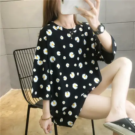 2023年夏季新款小雏菊短袖宽松t恤女装网红超火ins潮中长款上衣服商品大图