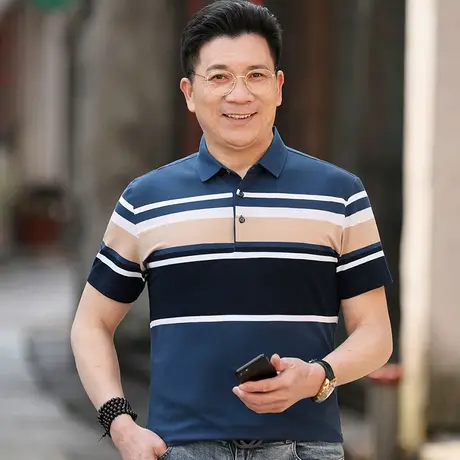 中年男士短袖t恤纯棉100%爸爸夏装半袖polo汗衫老人上衣服父亲节商品大图