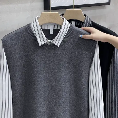 假两件毛衣男士春秋季2023新款秋装上衣商务条纹衬衫领针织衫外套商品大图