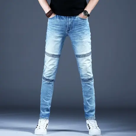 男士个性拼接牛仔裤男款修身小脚弹力百搭秋款2023高端潮牌休闲裤商品大图