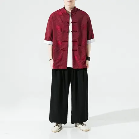 新中式中国风男装短袖衬衫男夏季搭配衣服套装盘扣唐装男亚麻衬衣商品大图