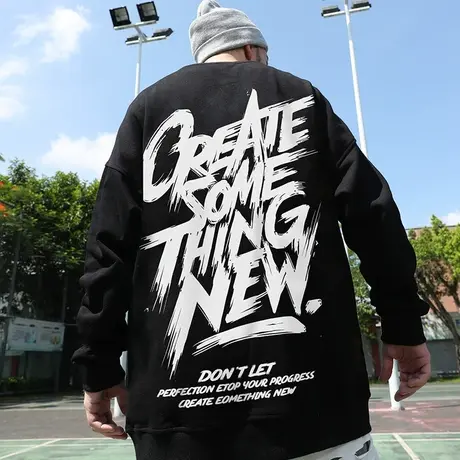 2023新款ins欧美情侣装胖子圆领卫衣男大码宽松嘻哈潮流加绒秋冬图片