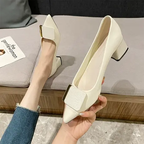 法式少女小众方扣高跟鞋女粗跟2023春季新款气质性感尖头浅口单鞋图片