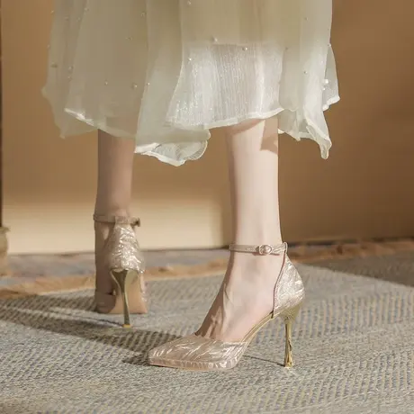 2023夏季新款高跟鞋时尚一字带水钻法式闪闪仙女风宴会名媛配裙子商品大图